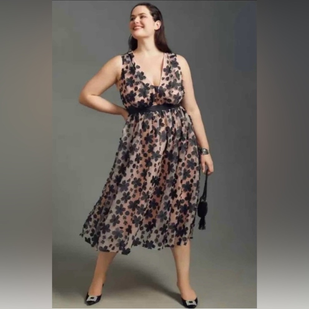 By Anthropologie 3-D Floral Motif Dress Sleeveless Pink Black